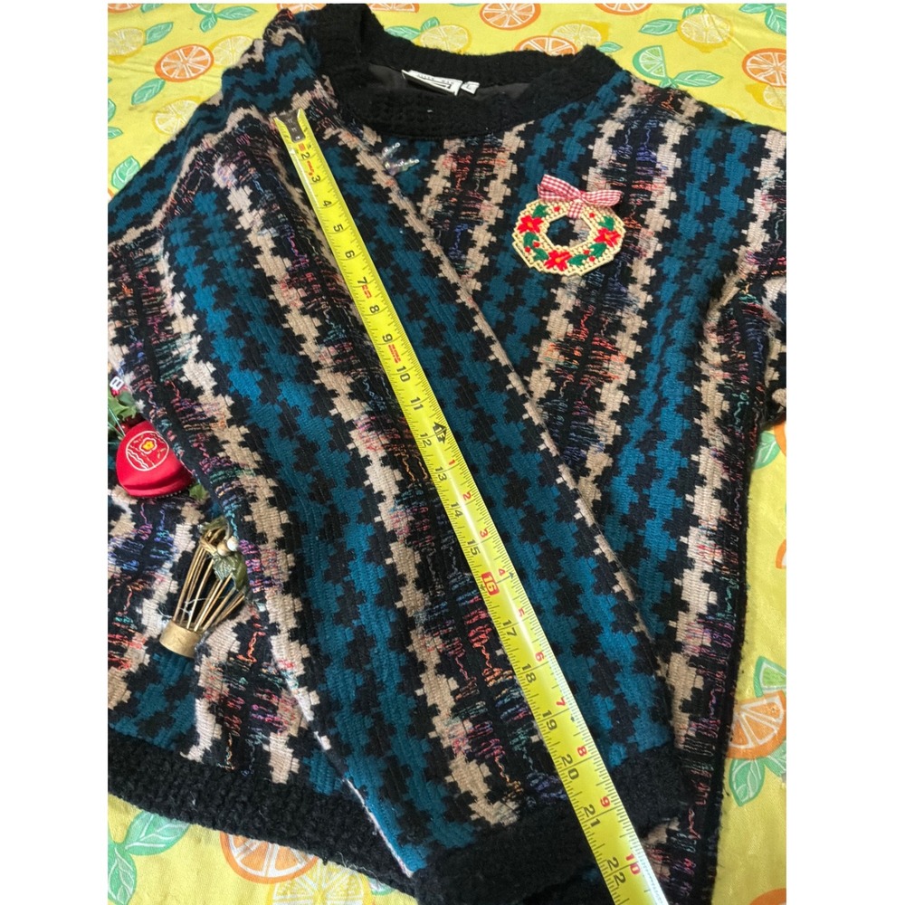 Kitschy W Allen Wah Christmas Tree Sweater L Teal Black Geometric 3D Ornaments - Picture 7 of 8